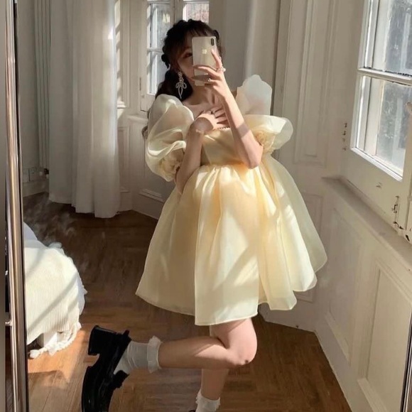 Anthropologie Selkie Puffed-Sleeve Square-Neck Mini Dress - Picture 1 of 9